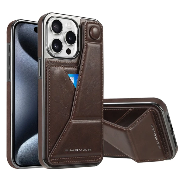 iPhone 14 Pro Deri Cüzdan Kılıf - Kartlıklı ve Askılı - Kahve