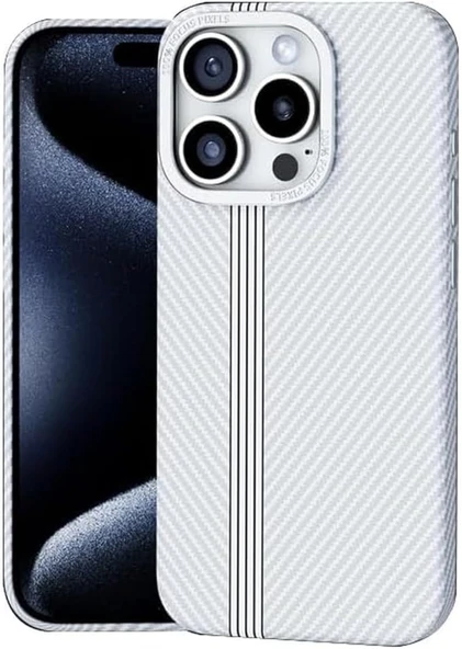Karbon Fiber Desenli iPhone 15 Kılıf - Ultra İnce Metal Çerçeve - Manyetik - Beyaz