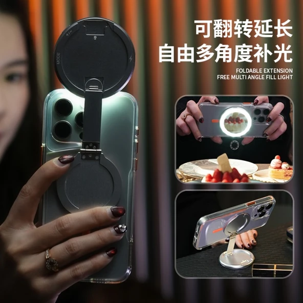 4'ü 1 Arada Manyetik Telefon Makyaj Aynası - Dolgu Işıklı ve 360° Döner Standlı - Gümüş - 6
