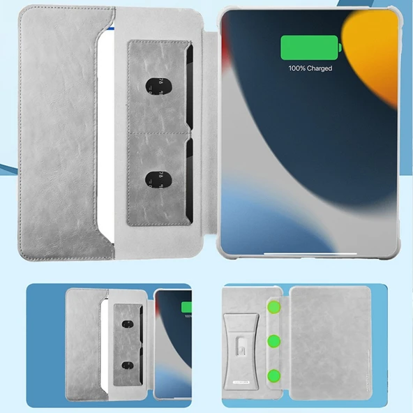 iPad Pro 13 2024 Tablet Kılıfı - Çok Fonksiyonlu Manyetik Standlı - Kart Yuvalı - Gri - 3