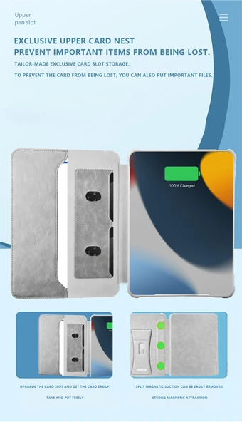 iPad Pro 13 2024 Tablet Kılıfı - Çok Fonksiyonlu Manyetik Standlı - Kart Yuvalı - Gri - 11