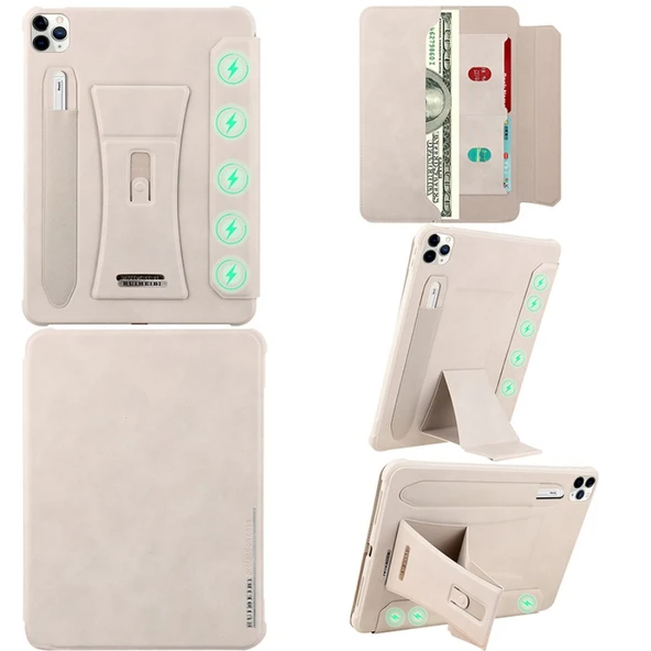 iPad Pro 13 2024 Tablet Kılıfı - Çok Fonksiyonlu Manyetik Standlı - Kart Yuvalı - Gri