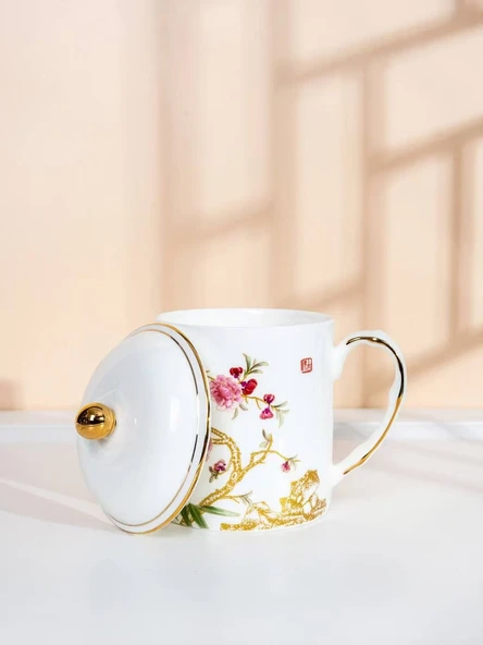 Çiçek Desenli Kemik Porselen Çay Fincanı - Kapaklı - 12.5cm