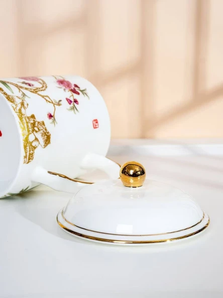 Çiçek Desenli Kemik Porselen Çay Fincanı - Kapaklı - 12.5cm - 5
