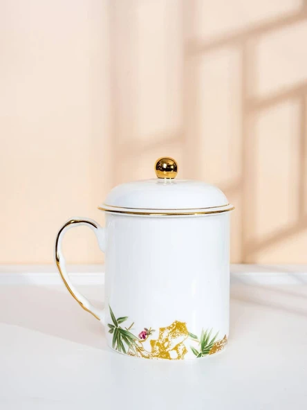 Çiçek Desenli Kemik Porselen Çay Fincanı - Kapaklı - 12.5cm - 9