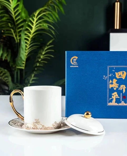 Sihai Shengping Desenli Fine Bone China Çay Fincanı Seti - Kapaklı, Tabaklı - 12.5cm - 3