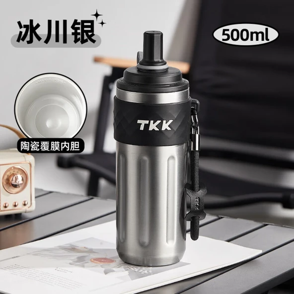 Pipetli Termos Bardak - Buzul Gümüşü - 500ML - Seramik Kaplamalı