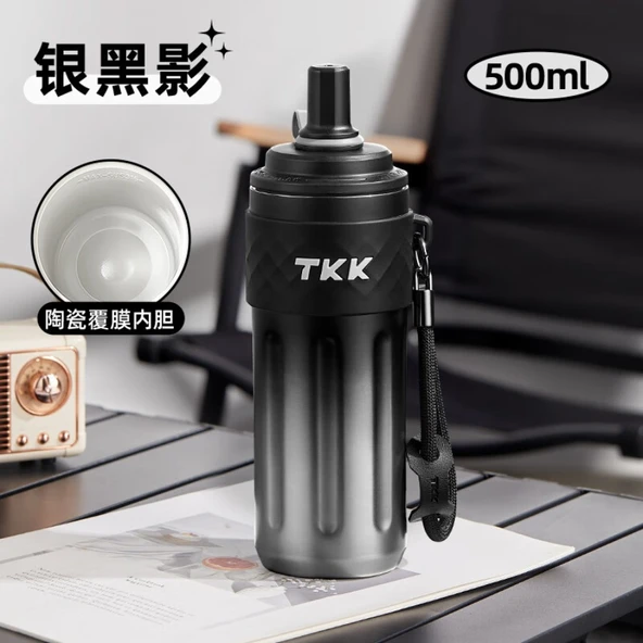 Pipetli Termos Bardak - Gümüş Siyah Gölge - 500ML - Seramik Kaplamalı