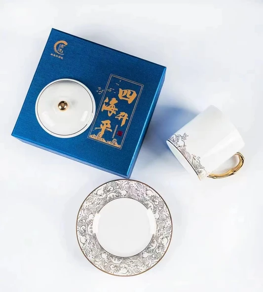 Sihai Shengping Desenli Fine Bone China Çay Fincanı Seti - Kapaklı, Tabaklı - 12.5cm - 7