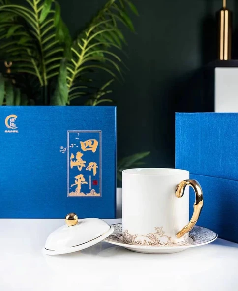 Sihai Shengping Desenli Fine Bone China Çay Fincanı Seti - Kapaklı, Tabaklı - 12.5cm - 6