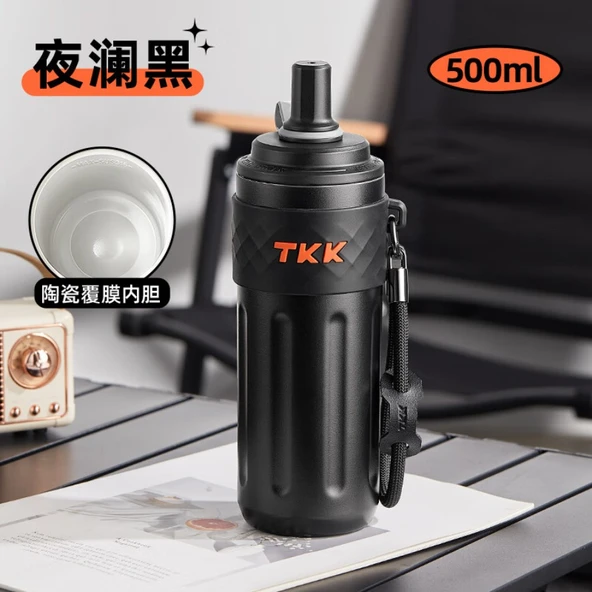 Pipetli Termos Bardak - Gece Siyahı - 500ML - Seramik Kaplamalı