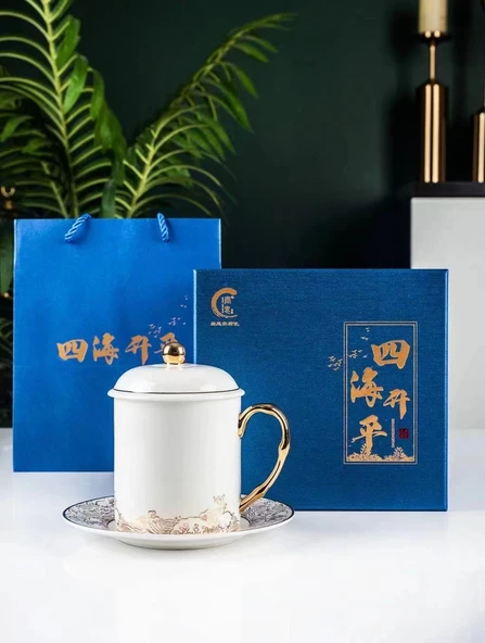 Sihai Shengping Desenli Fine Bone China Çay Fincanı Seti - Kapaklı, Tabaklı - 12.5cm