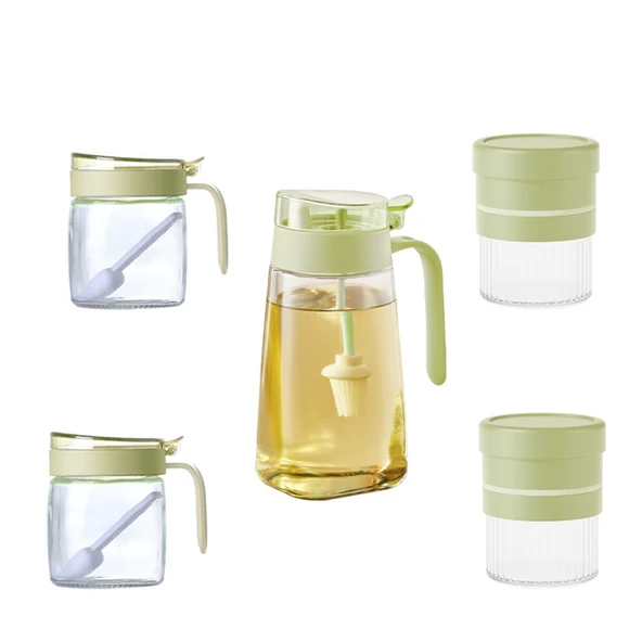 Kristal Cam Yağdanlık Seti - 600ml Yağdanlık, 300ml*2 Baharatlık, 500ml*2 (700ml'e Genişletilebilir) Saklama Kabı - 5 Parça