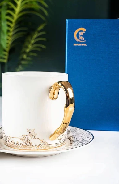 Sihai Shengping Desenli Fine Bone China Çay Fincanı Seti - Kapaklı, Tabaklı - 12.5cm - 4