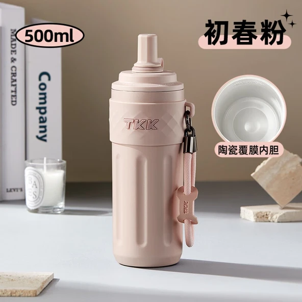 Pipetli Termos Bardak - İlkbahar Pembesi - 500ML - Seramik Kaplamalı