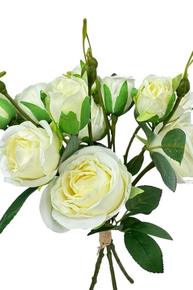 Nettenevime Yapay Çiçek Beyaz Gül 8 Gül 4 Tomurcuklu Lüx Demet Gelin Çiçeği Buketi Masa Üstü Vazo Çiçeği 47cm - 3