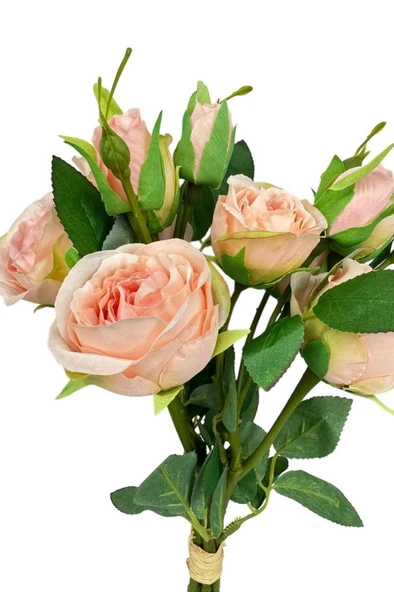 Nettenevime Yapay Çiçek Pembe Açık Gül 8Gül 4Tomurcuklu Lüx Demet Gelin Çiçeği Buketi Masa Üstü VazoÇiçeği 47cm - 2