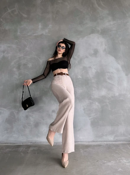 Kadın Beli Kemerli Keten Pantolon - 3