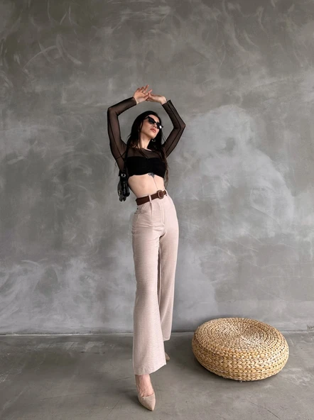 Kadın Beli Kemerli Keten Pantolon