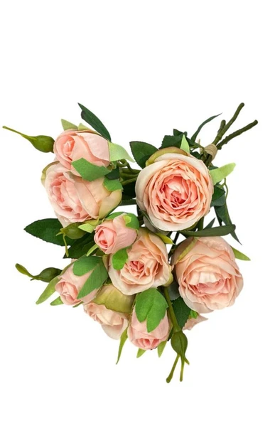 Nettenevime Yapay Çiçek Pembe Açık Gül 8Gül 4Tomurcuklu Lüx Demet Gelin Çiçeği Buketi Masa Üstü VazoÇiçeği 47cm - 3