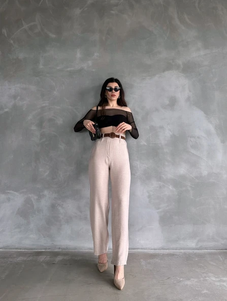 Kadın Beli Kemerli Keten Pantolon - 2