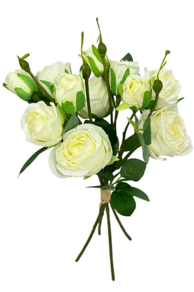 Nettenevime Yapay Çiçek Beyaz Gül 8 Gül 4 Tomurcuklu Lüx Demet Gelin Çiçeği Buketi Masa Üstü Vazo Çiçeği 47cm - 2