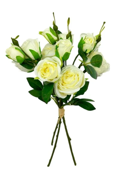 Nettenevime Yapay Çiçek Beyaz Gül 8 Gül 4 Tomurcuklu Lüx Demet Gelin Çiçeği Buketi Masa Üstü Vazo Çiçeği 47cm