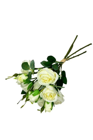 Nettenevime Yapay Çiçek Beyaz Gül 8 Gül 4 Tomurcuklu Lüx Demet Gelin Çiçeği Buketi Masa Üstü Vazo Çiçeği 47cm - 4