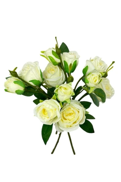 Nettenevime Yapay Çiçek Beyaz Gül 8 Gül 4 Tomurcuklu Lüx Demet Gelin Çiçeği Buketi Masa Üstü Vazo Çiçeği 47cm - 5