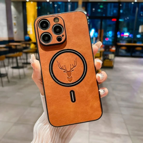 iPhone 16 Pro Uyumlu Deri Dokulu Manyetik Araç Tutucu Kılıf - Turuncu