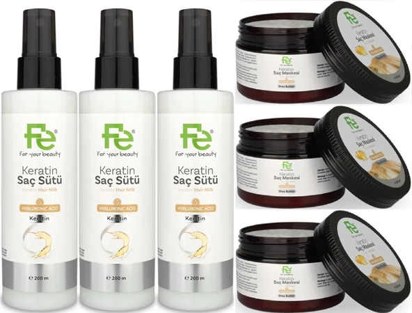 Fe Keratin Saç Sütü 200ML & Saç Maskesi 300ML (Karma 6 Lı Set)