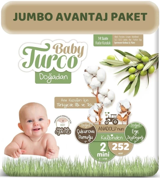 Baby Turco Bebek Bezi Doğadan Beden:2 (3-6Kg) Mini 252 Adet Jumbo Avantaj Pk