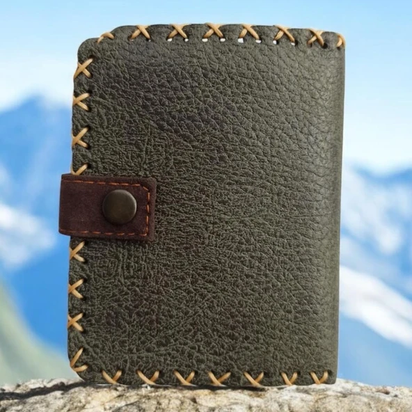 El Yapımı Kadın Cüzdan Vegan Deri İnek ve Çiçek Görselli Haki Renk - 2