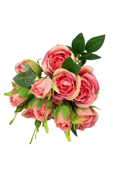 Nettenevime Yapay Çiçek Pembe Koyu Gül 8Gül 4Tomurcuklu Lüx Demet Gelin Çiçeği Buketi Masa Üstü VazoÇiçeği 47cm - 5