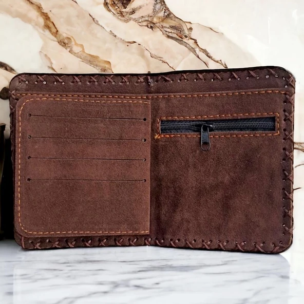 El Yapımı Kadın Cüzdan Vegan Deri İnek ve Çiçek Görselli Haki Renk - 5