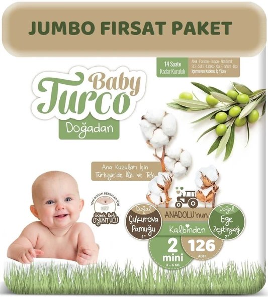 Baby Turco Bebek Bezi Doğadan Beden:2 (3-6Kg) Mini 126 Adet Jumbo Fırsat Pk