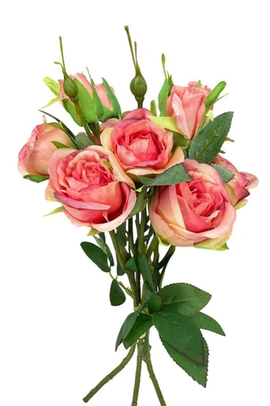 Nettenevime Yapay Çiçek Pembe Koyu Gül 8Gül 4Tomurcuklu Lüx Demet Gelin Çiçeği Buketi Masa Üstü VazoÇiçeği 47cm - 4