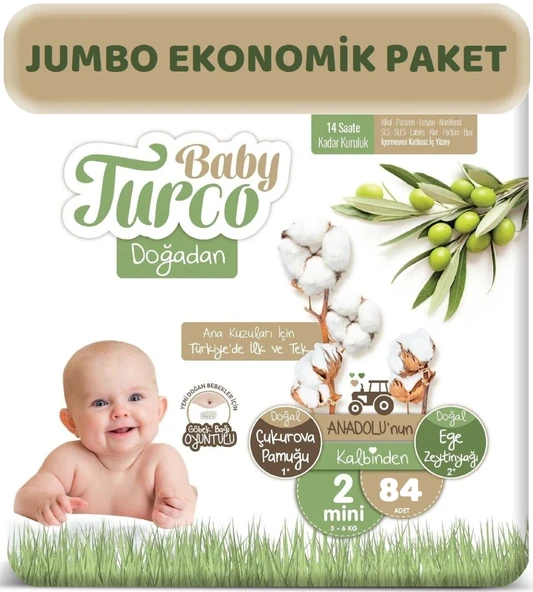 Baby Turco Bebek Bezi Doğadan Beden:2 (3-6Kg) Mini 84 Adet Jumbo Ekonomik Pk ürün görseli