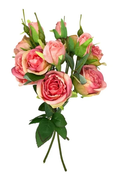 Nettenevime Yapay Çiçek Pembe Koyu Gül 8Gül 4Tomurcuklu Lüx Demet Gelin Çiçeği Buketi Masa Üstü VazoÇiçeği 47cm
