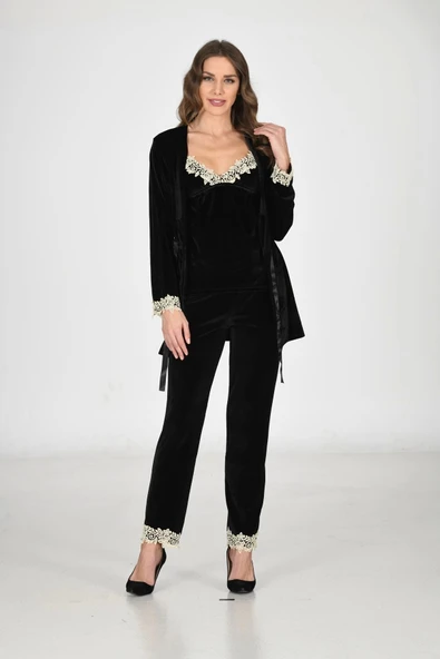 Yeni Sezon Şık Rahat Zarif Büyüleyici Siyah Dantelli Kadife Sabahlık & Gecelik Takım 3'lü Set