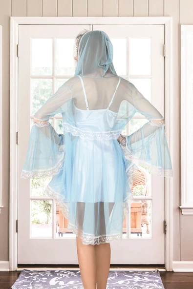 Yeni Sezon Rahat Zarif Kadın Büyüleyici Beyaz Turkuaz Tül Dantelli Sabahlık Gecelik Takım 2'li Set - 2