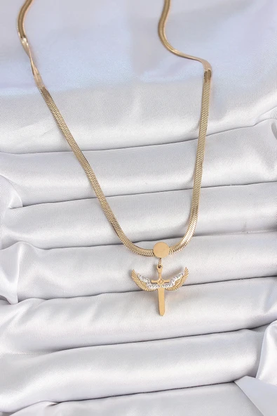 316L Çelik Gold Renk İtalyan Zincir Zirkon Taş Detaylı Mikail Model Kadın Kolye - 2