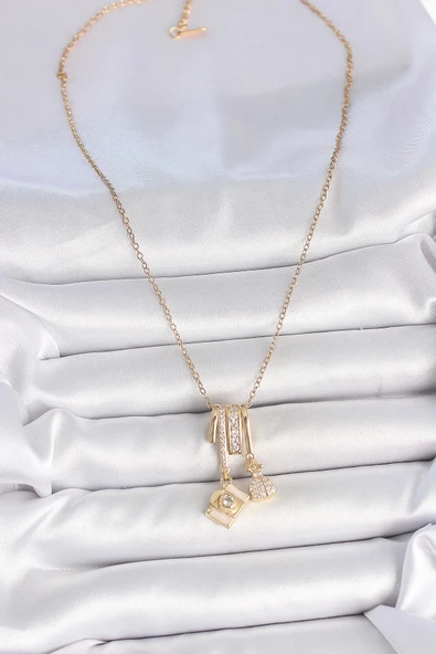 316L Çelik Gold Renk Zirkon Taşlı Sallantı Fotoğraf Makinası Figür Charm Kadın Kolye - 2