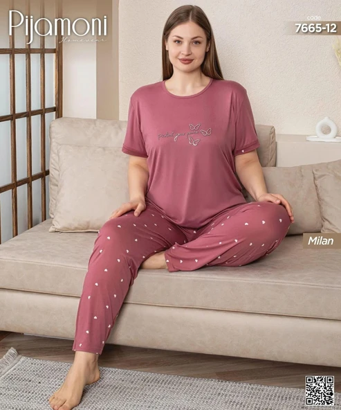 Pijamoni Kadın Milan Büyük Beden Bisiklet Yaka Kısa Kol İnce Pijama Takımı 7665/12- 1 Adet  4XL Gül Kurusu - Resim 2