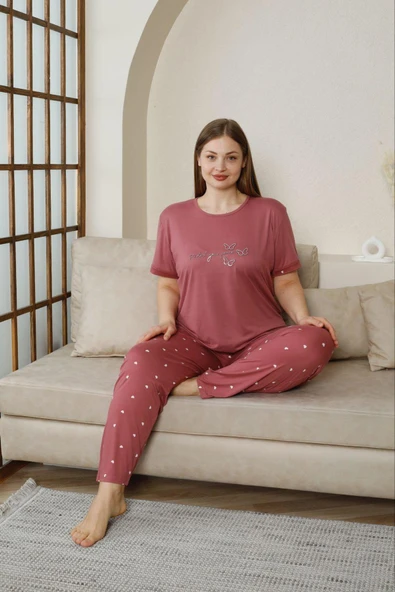 Pijamoni Kadın Milan Büyük Beden Bisiklet Yaka Kısa Kol İnce Pijama Takımı 7665/12- 1 Adet  Gül Kurusu 3XL