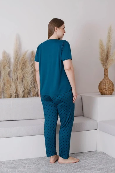 Pijamoni Kadın Milan Büyük Beden Bisiklet Yaka Kısa Kol İnce Pijama Takımı 7665/5- 1 Adet  4XL Petrol - Resim 2