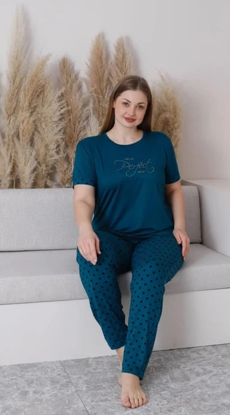 Pijamoni Kadın Milan Büyük Beden Bisiklet Yaka Kısa Kol İnce Pijama Takımı 7665/5- 1 Adet  5XL Petrol