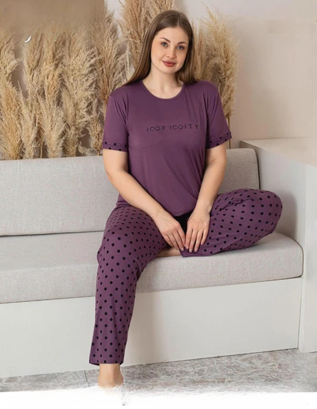 Pijamoni Kadın Milan Büyük Beden Bisiklet Yaka Kısa Kol İnce Pijama Takımı 7665/1- 1 Adet  4XL Mor