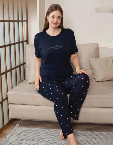 Pijamoni Kadın Milan Büyük Beden Bisiklet Yaka Kısa Kol İnce Pijama Takımı 7665/8- 1 Adet  Lacivert 5XL
