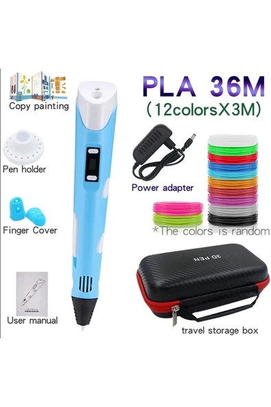 3d Pen Üç Boyutlu Yazıcı Kalem Printer (12 Adet 3 Metre Filament -36 Metre Led Ekranlı Adatörlü - 3